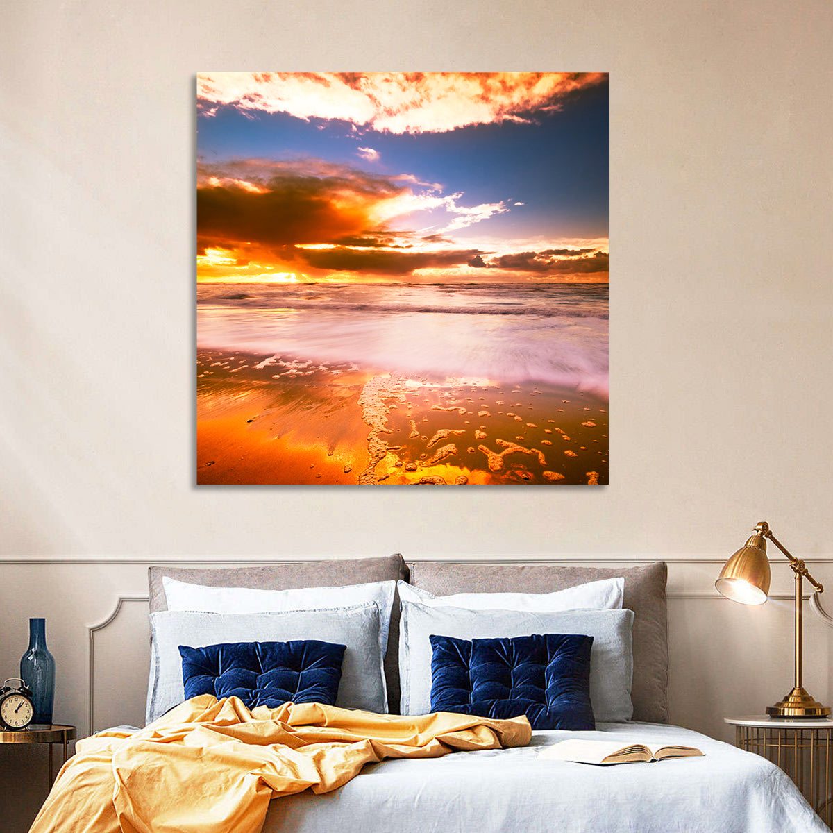 Golden Hour Beach Sunset Wall Art in a room, landscape