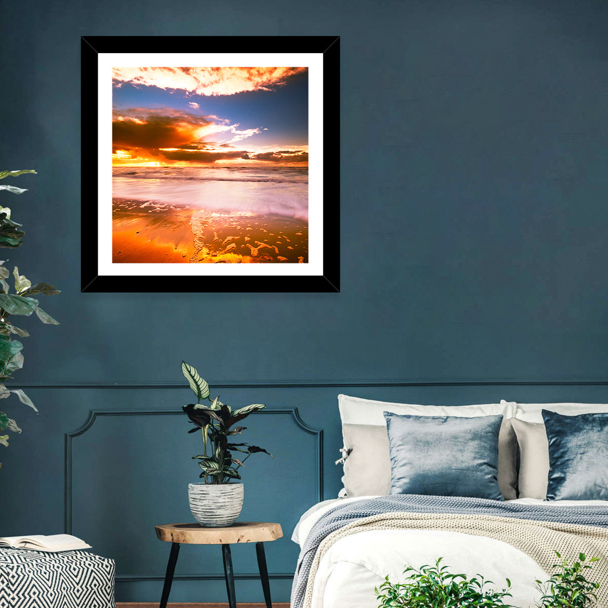 Golden Hour Beach Sunset Wall Art in a room, landscape