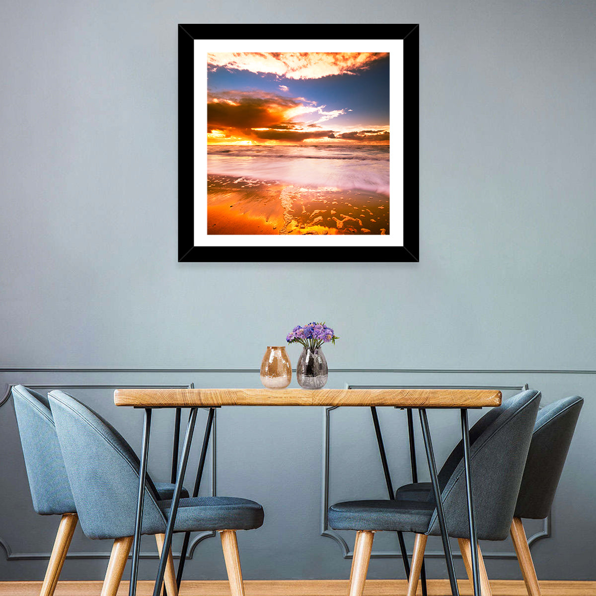 Golden Hour Beach Sunset Wall Art in a room, landscape