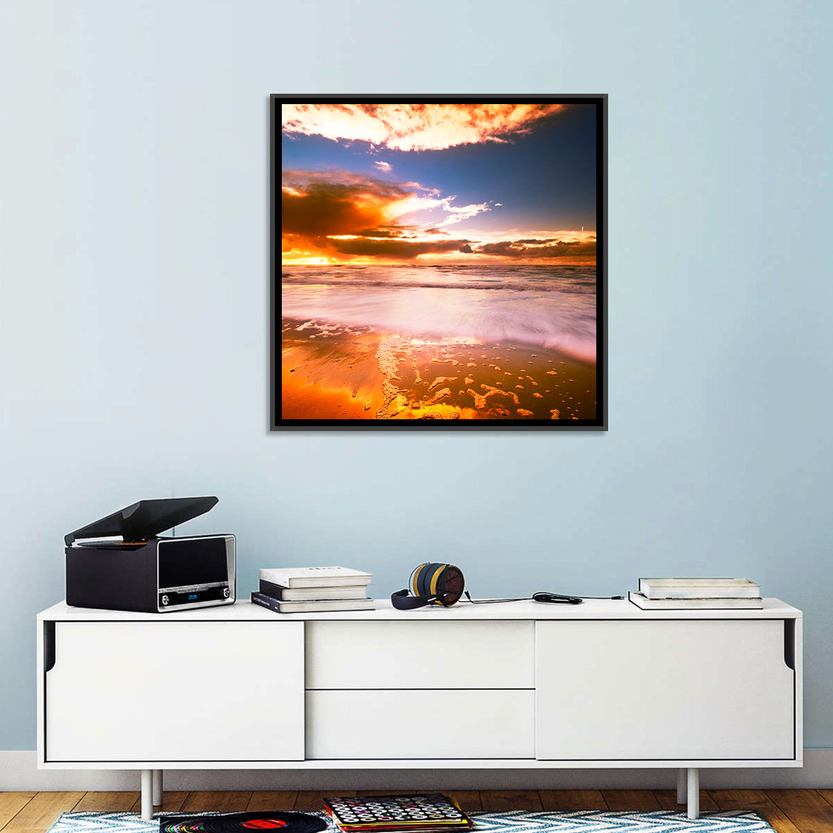 Golden Hour Beach Sunset Wall Art in a room, landscape
