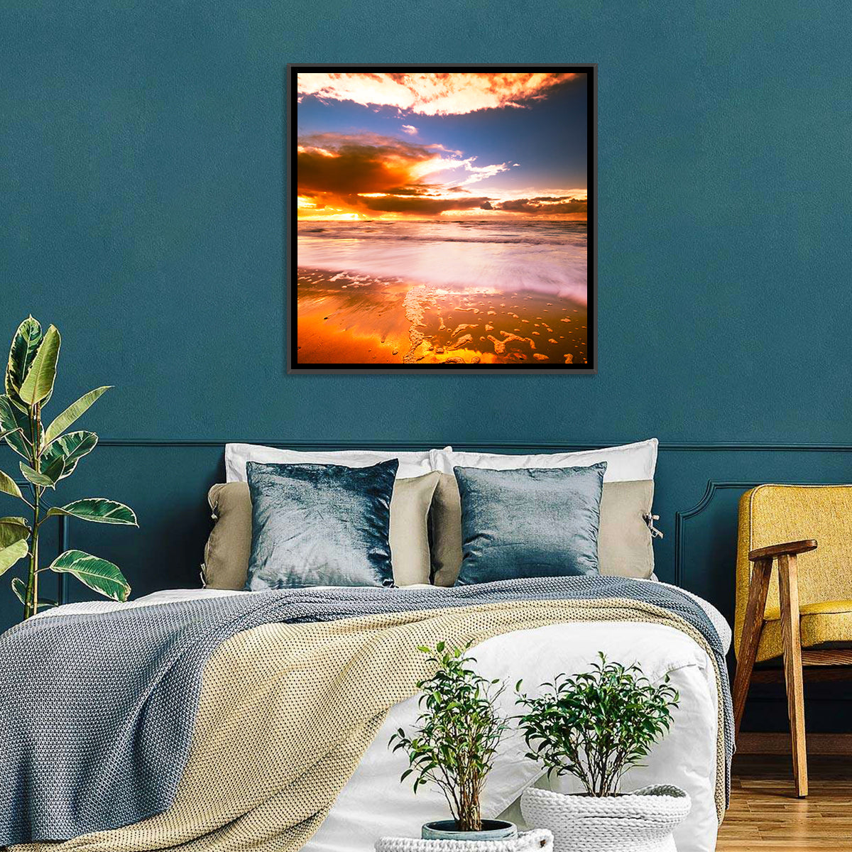 Golden Hour Beach Sunset Wall Art in a room, landscape