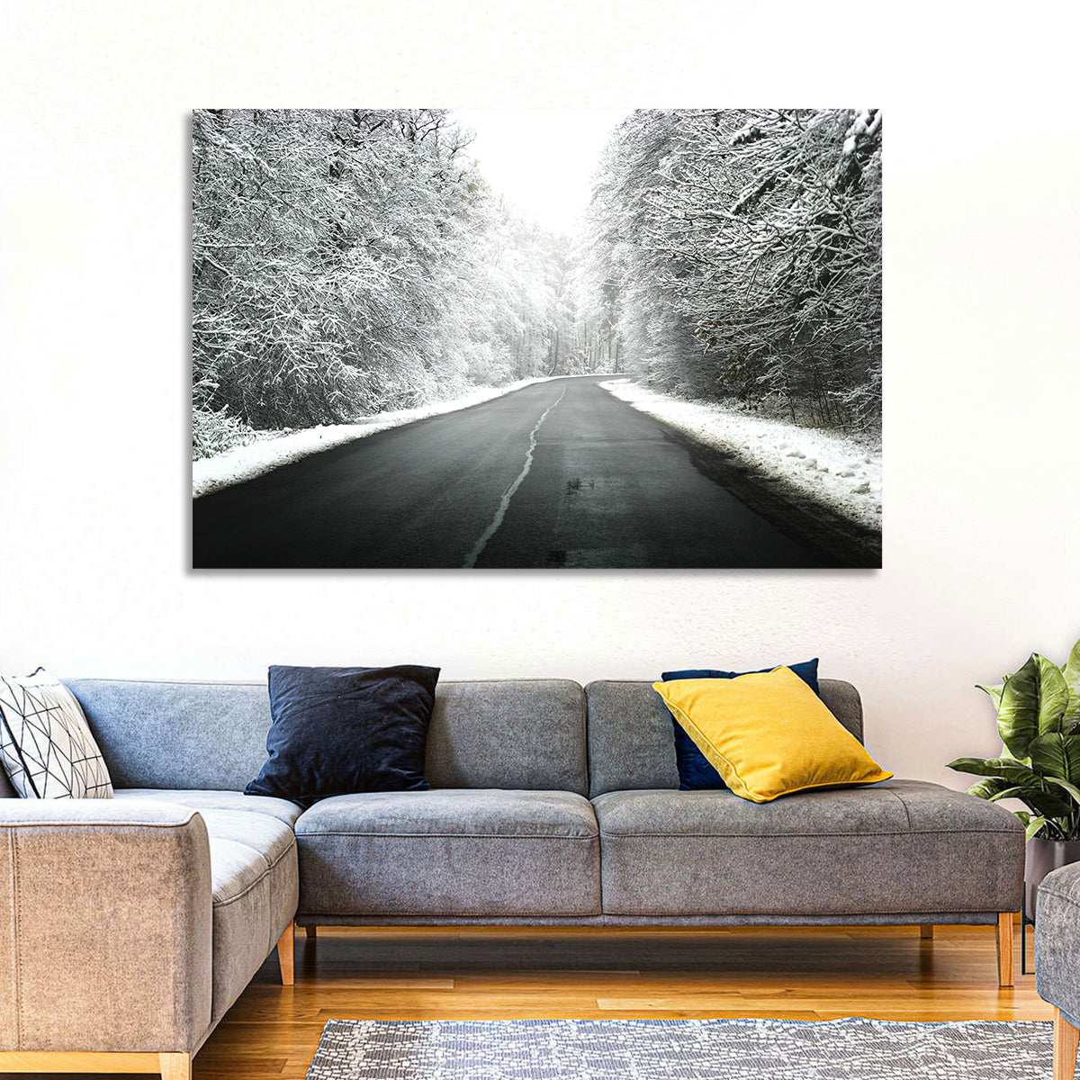 Glowing Winter Road Wall Art in a room, landscape