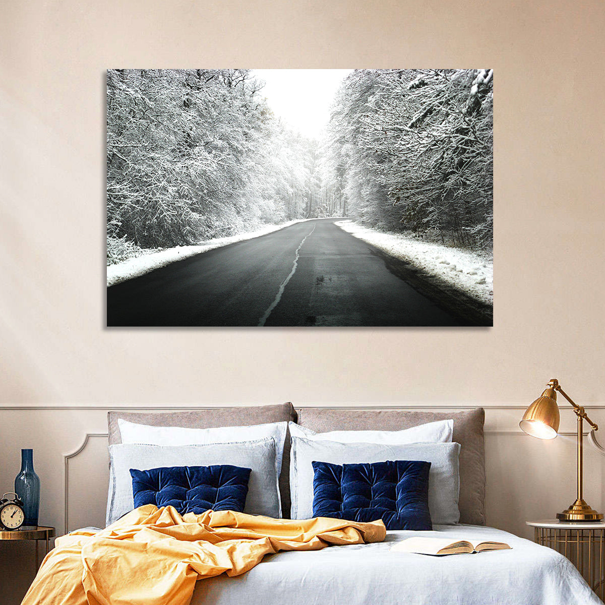 Glowing Winter Road Wall Art in a room, landscape