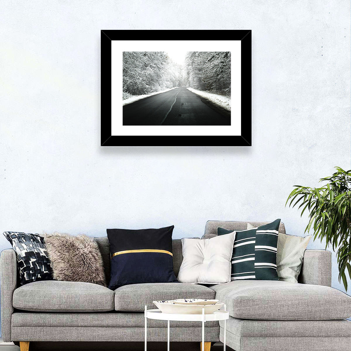 Glowing Winter Road Wall Art in a room, landscape
