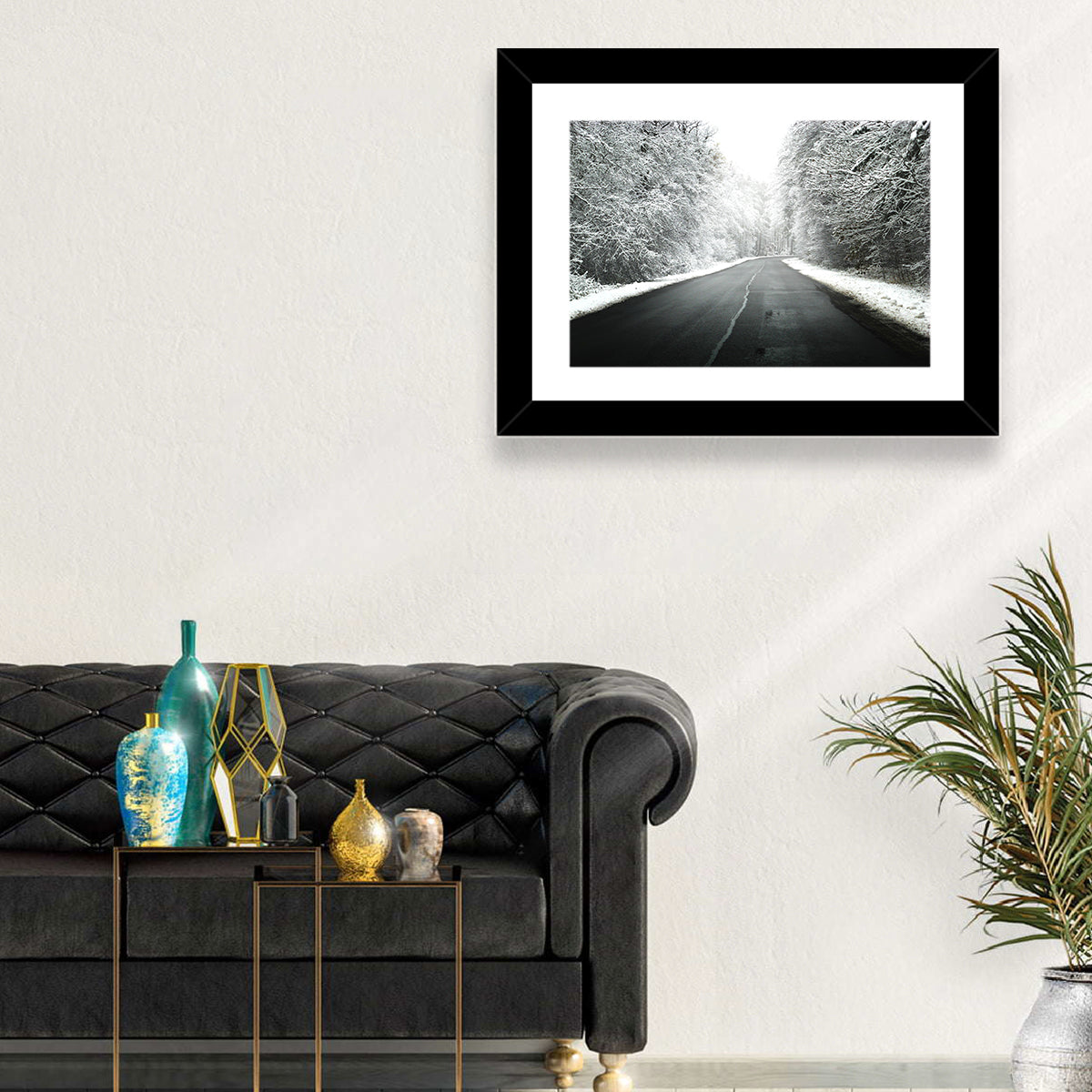 Glowing Winter Road Wall Art in a room, landscape