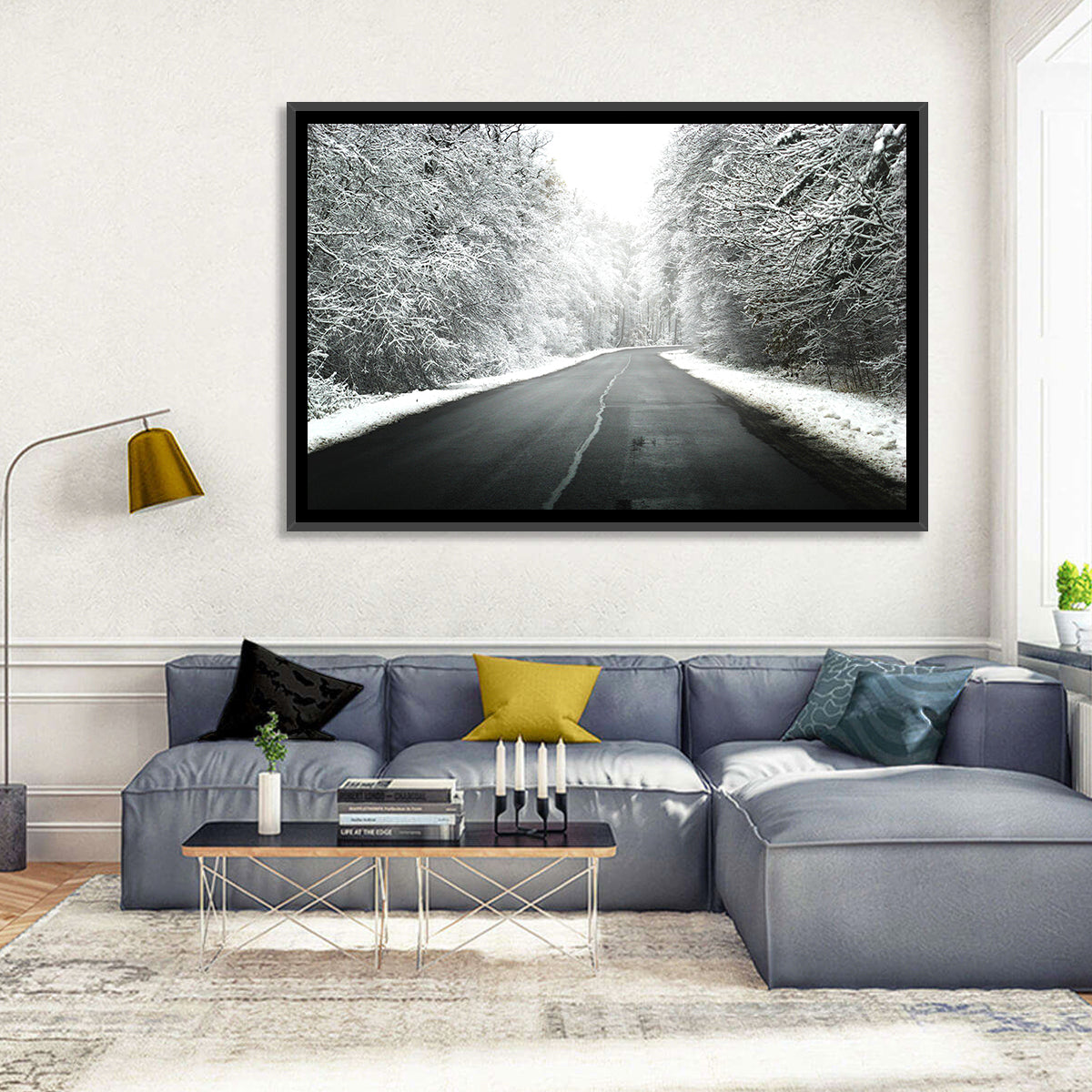 Glowing Winter Road Wall Art in a room, landscape