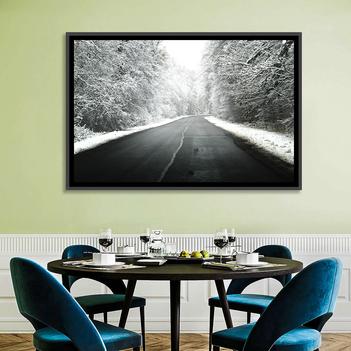 Glowing Winter Road Wall Art in a room, landscape