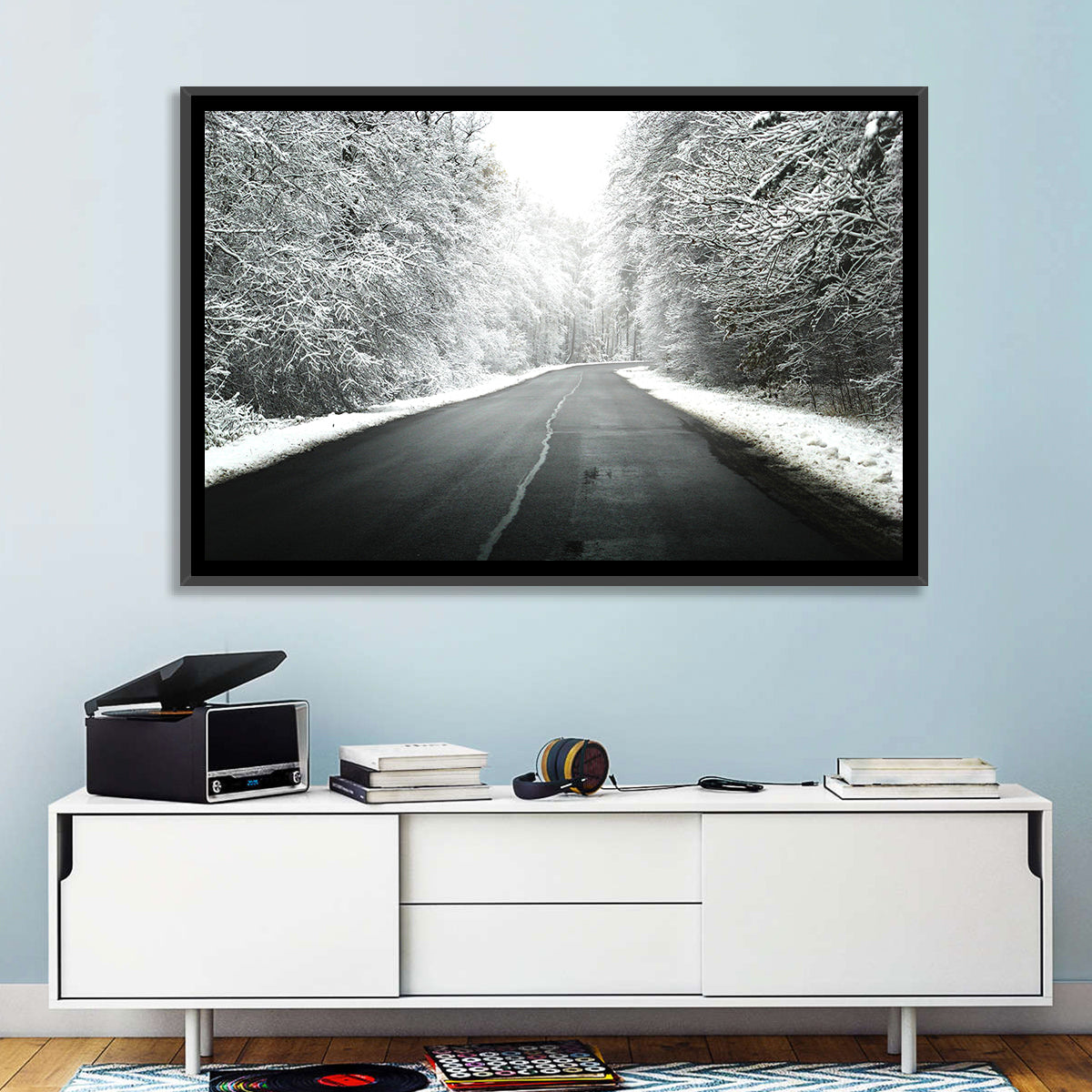 Glowing Winter Road Wall Art in a room, landscape