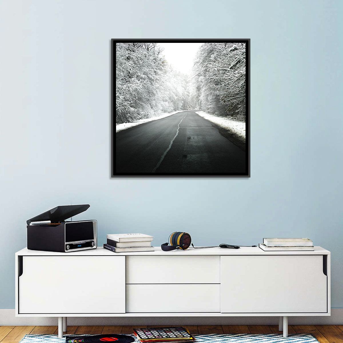 Glowing Winter Road Wall Art in a room, landscape