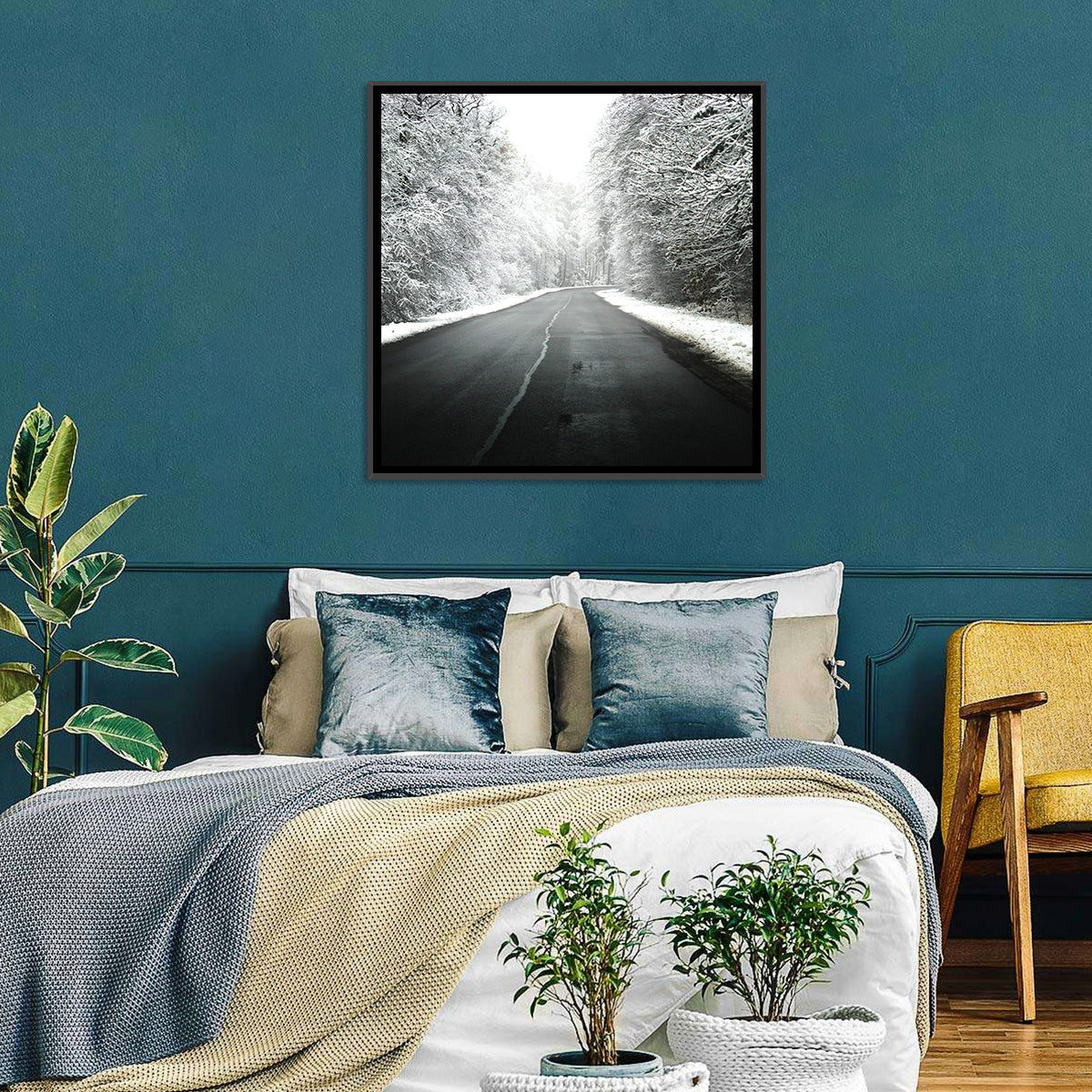 Glowing Winter Road Wall Art in a room, landscape