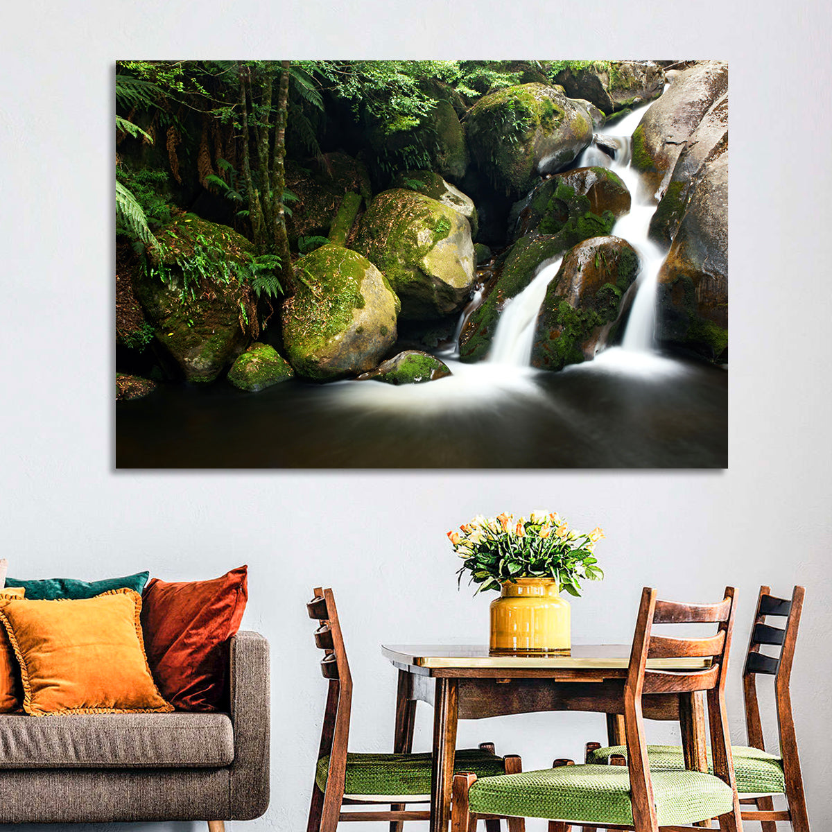 Rainforest Waterfall with Moss Covered Boulders Wall Art in a room, landscape
