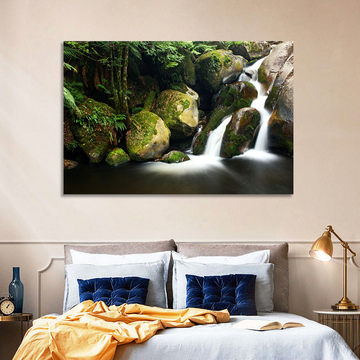 Rainforest Waterfall with Moss Covered Boulders Wall Art in a room, landscape