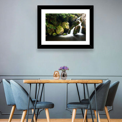 Rainforest Waterfall with Moss Covered Boulders Wall Art
