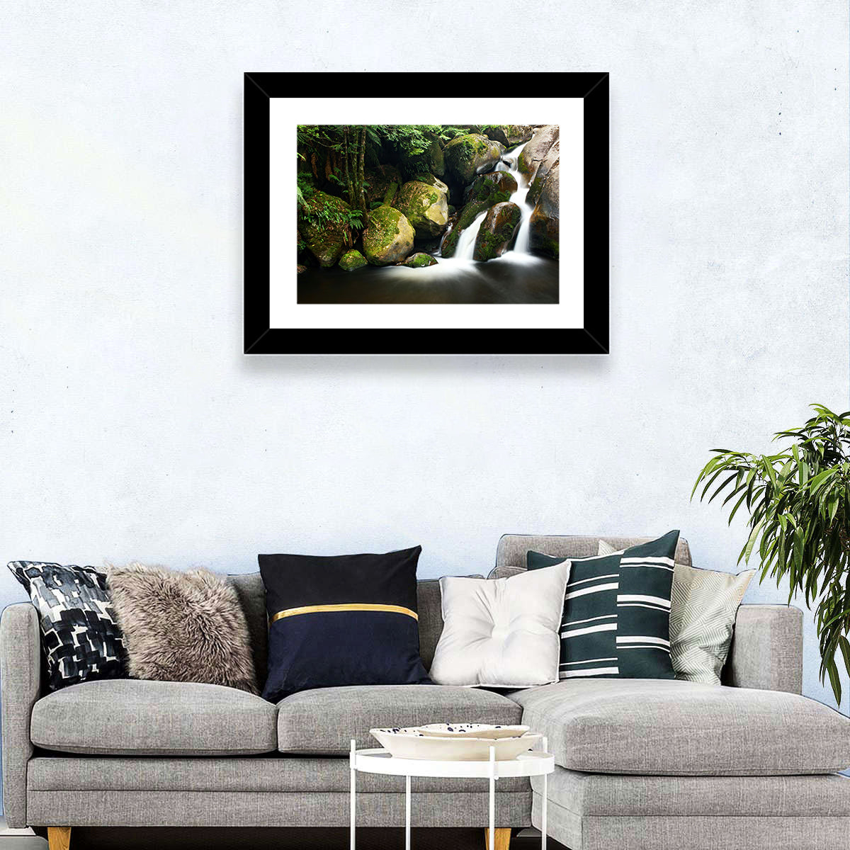 Rainforest Waterfall with Moss Covered Boulders Wall Art