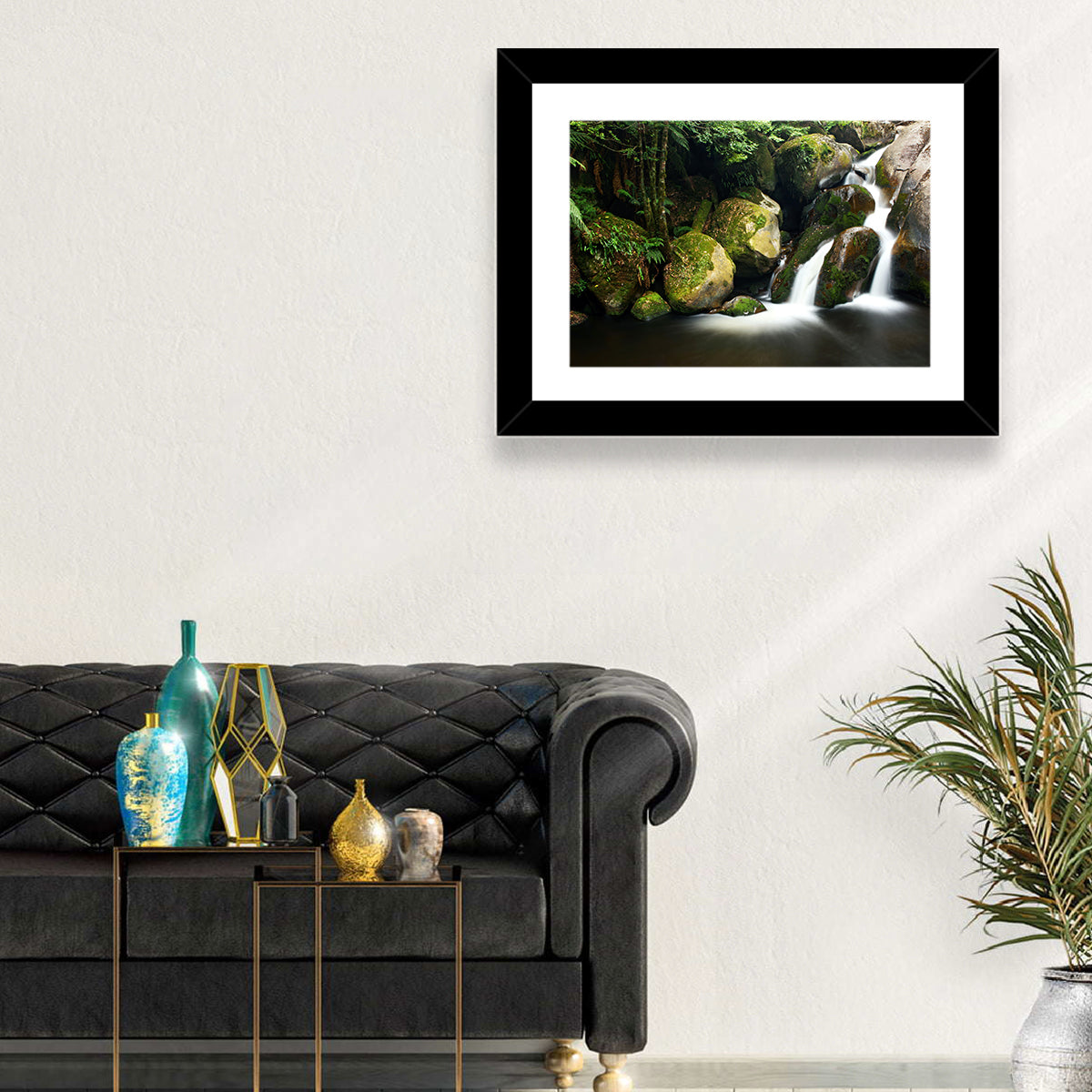 Rainforest Waterfall with Moss Covered Boulders Wall Art in a room, landscape