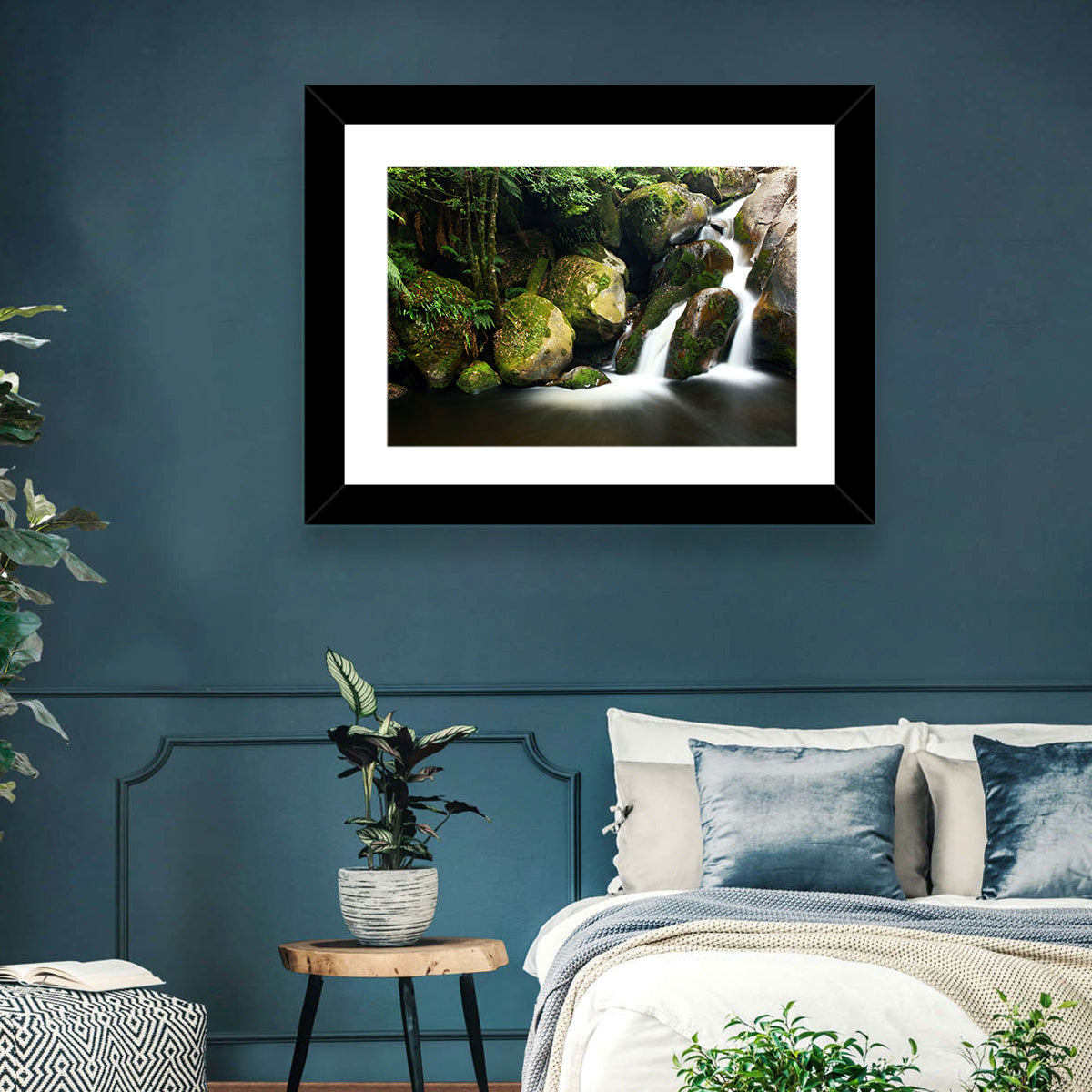 Rainforest Waterfall with Moss Covered Boulders Wall Art in a room, landscape