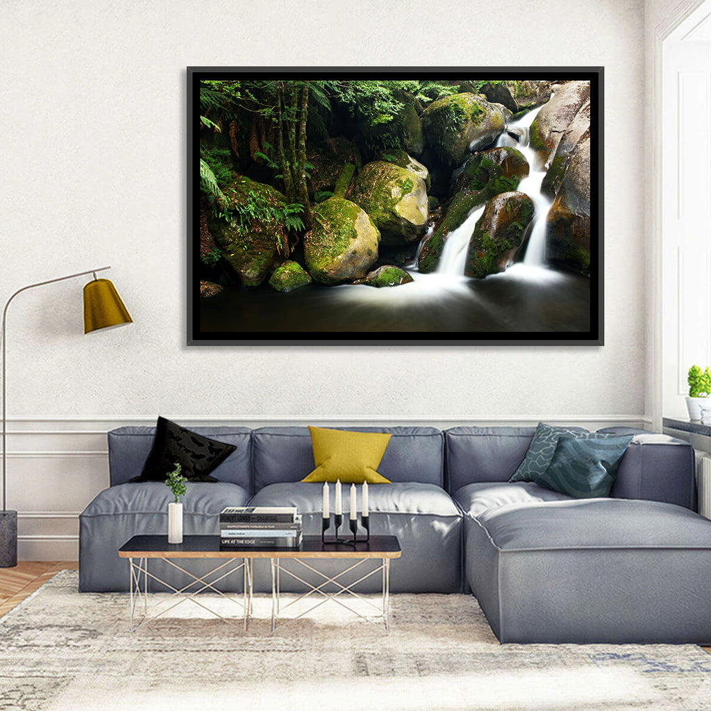Rainforest Waterfall with Moss Covered Boulders Wall Art