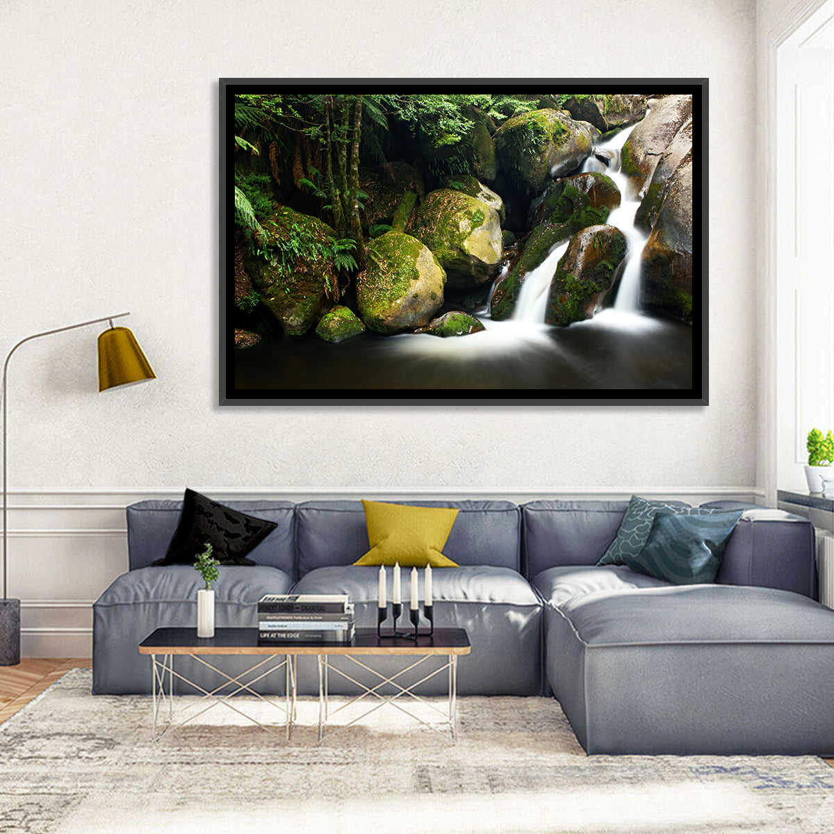 Rainforest Waterfall with Moss Covered Boulders Wall Art