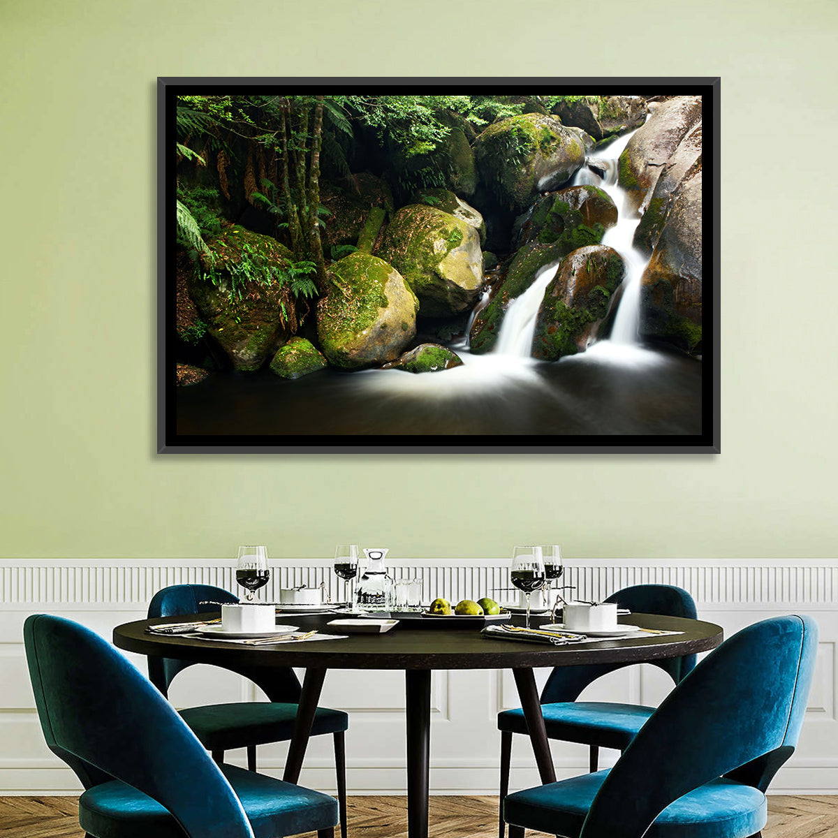 Rainforest Waterfall with Moss Covered Boulders Wall Art in a room, landscape