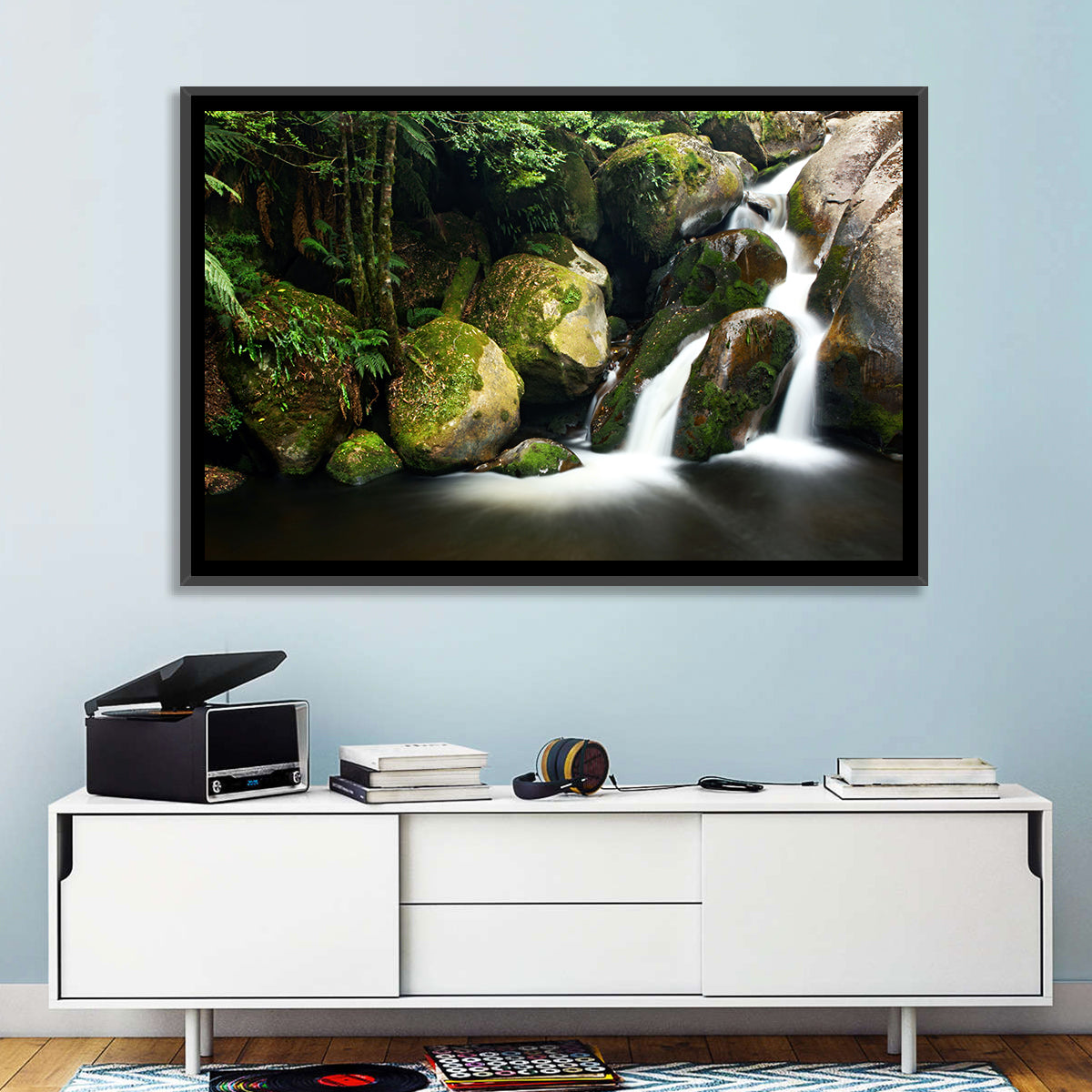Rainforest Waterfall with Moss Covered Boulders Wall Art