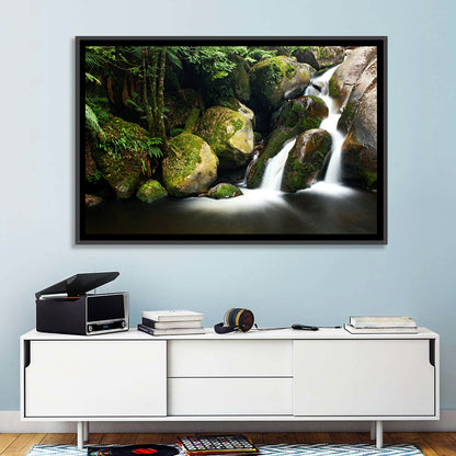Rainforest Waterfall with Moss Covered Boulders Wall Art