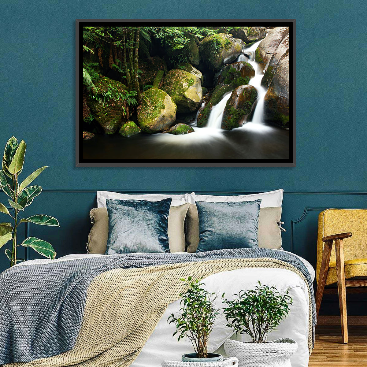 Rainforest Waterfall with Moss Covered Boulders Wall Art in a room, landscape
