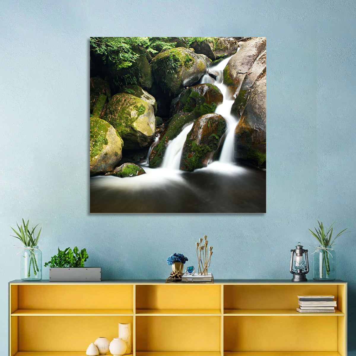 Rainforest Waterfall with Moss Covered Boulders Wall Art