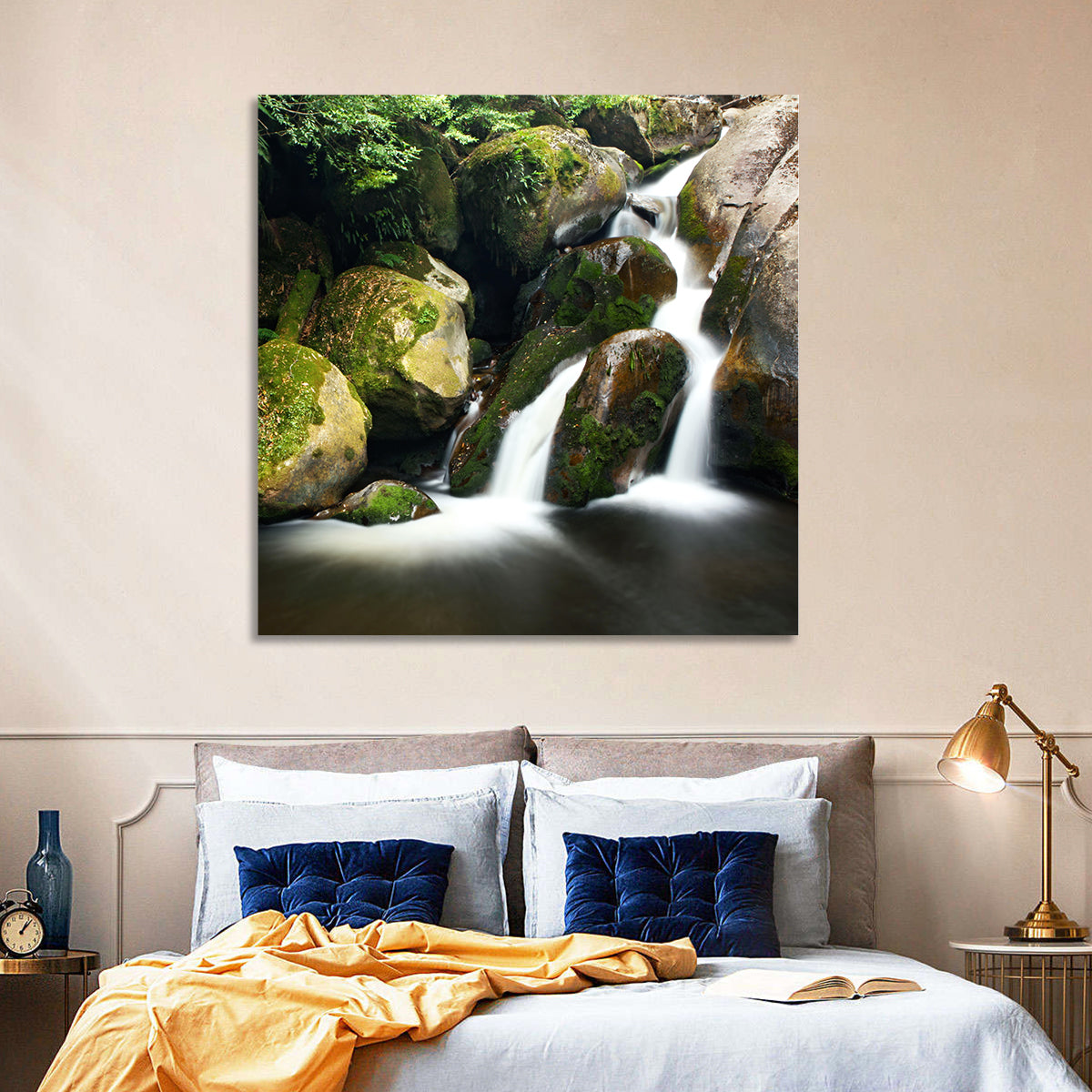 Rainforest Waterfall with Moss Covered Boulders Wall Art in a room, landscape