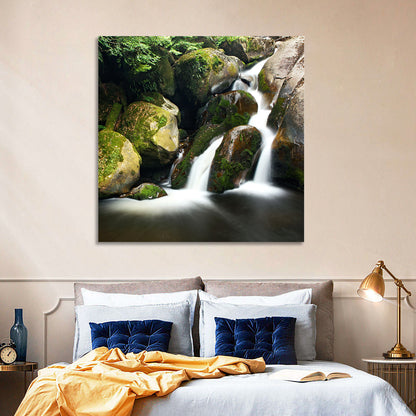 Rainforest Waterfall with Moss Covered Boulders Wall Art