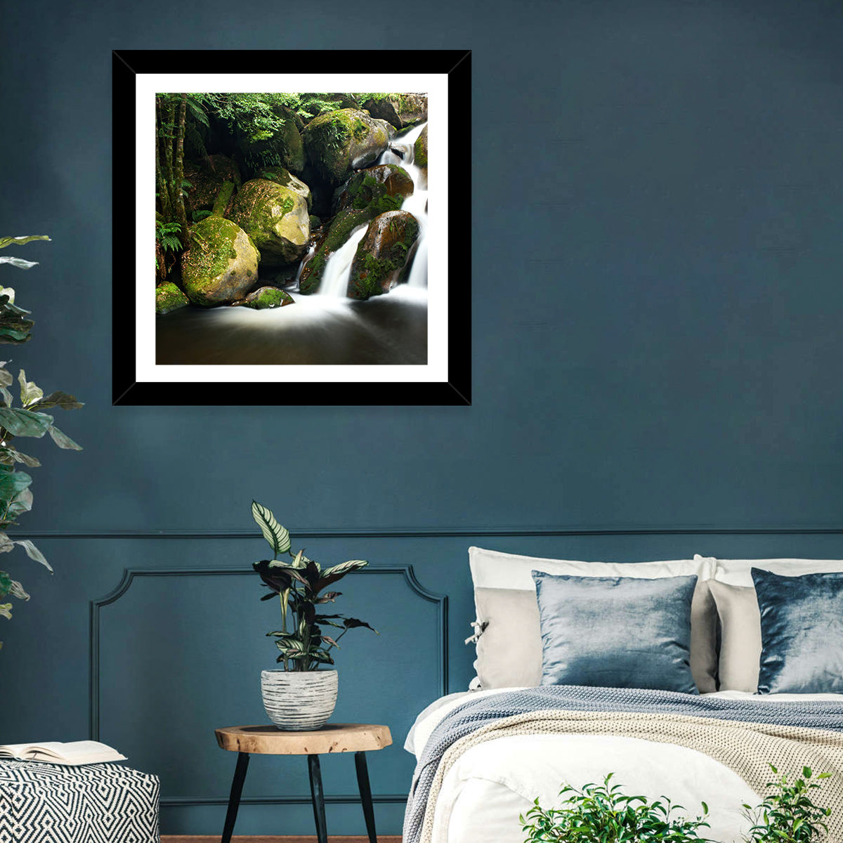 Rainforest Waterfall with Moss Covered Boulders Wall Art