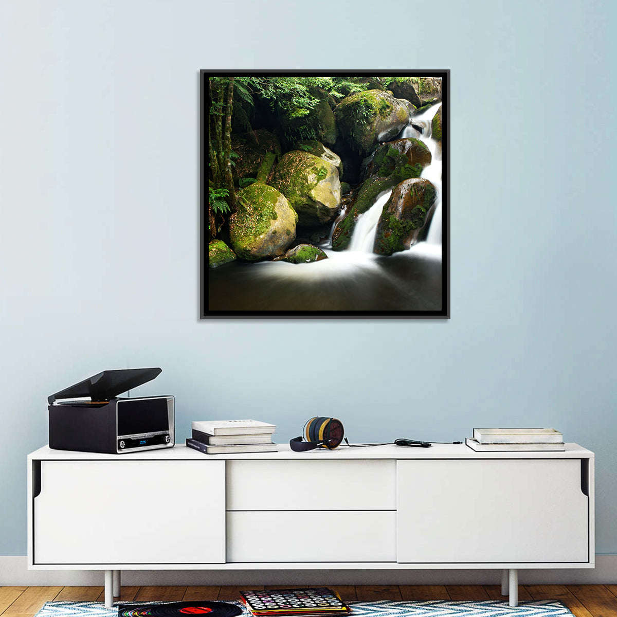 Rainforest Waterfall with Moss Covered Boulders Wall Art