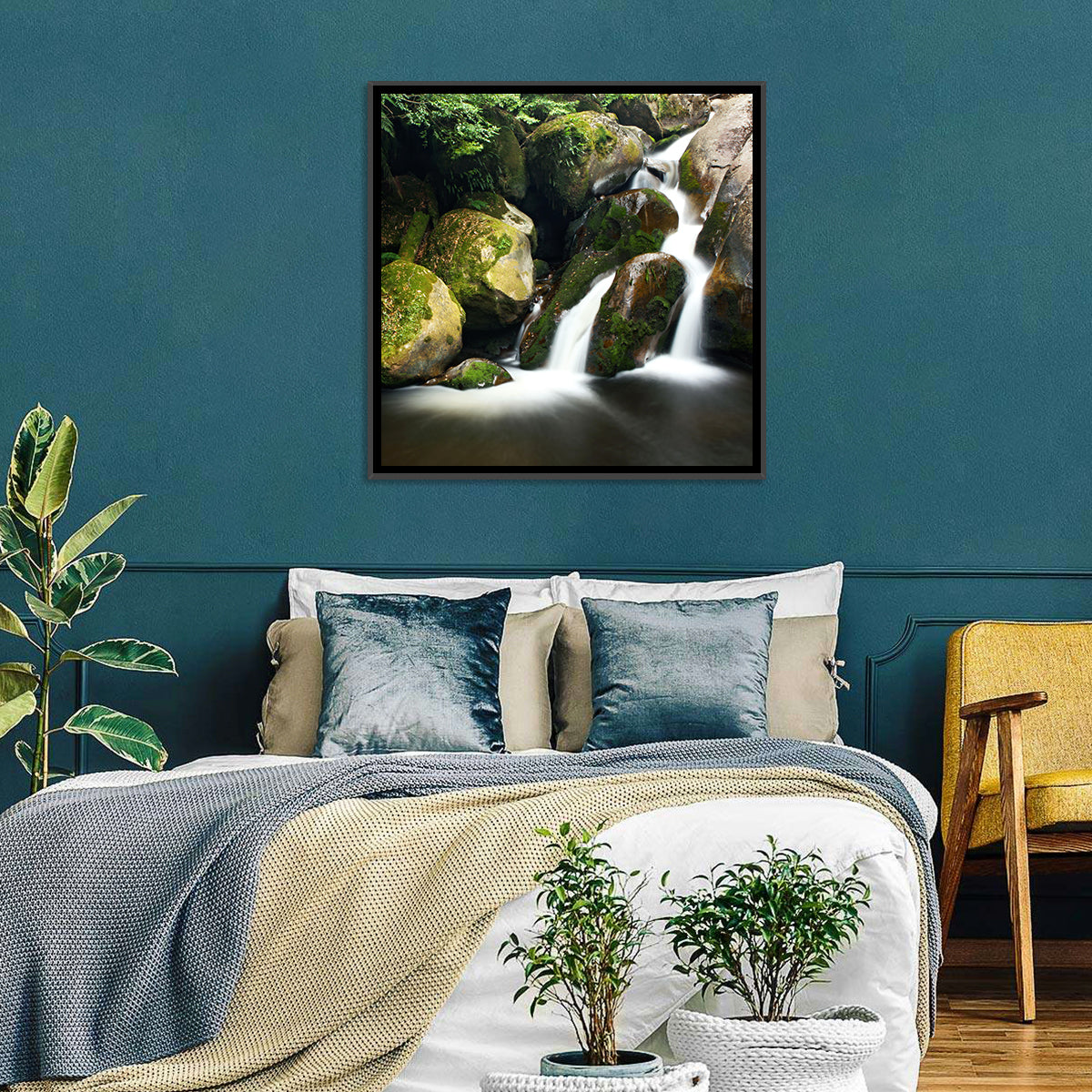 Rainforest Waterfall with Moss Covered Boulders Wall Art in a room, landscape