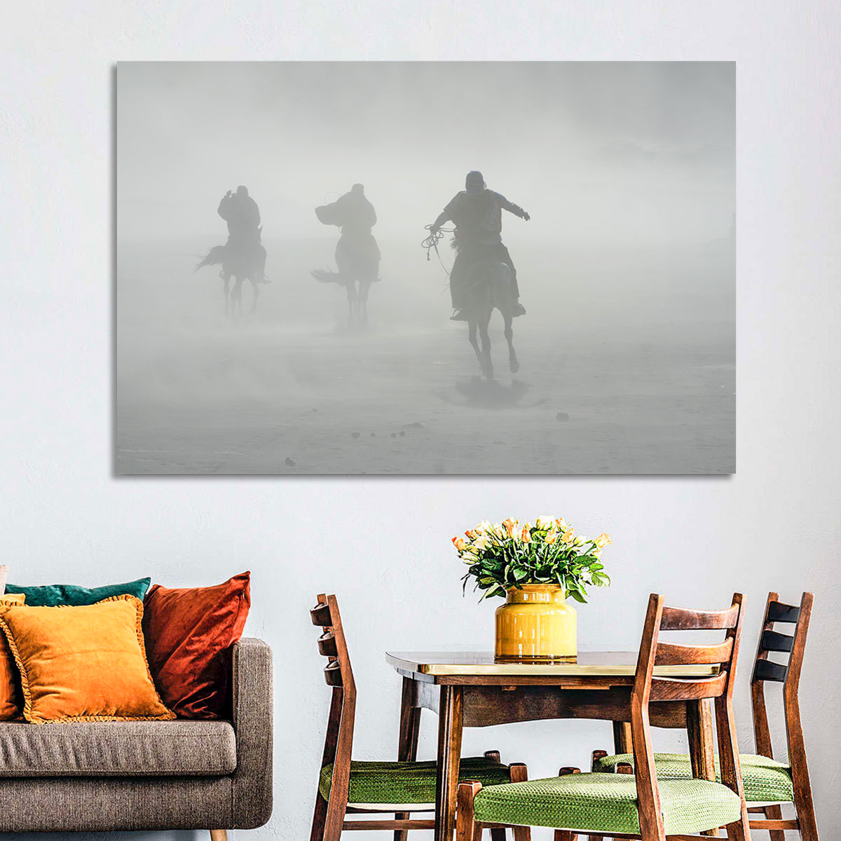Silhouetted Horse Riders in Mist Wall Art in a room, landscape