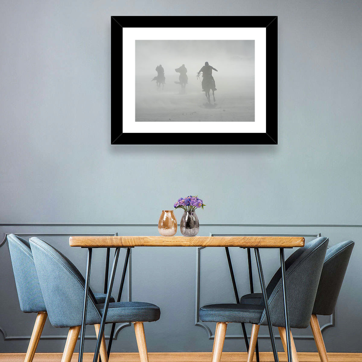 Silhouetted Horse Riders in Mist Wall Art in a room, landscape