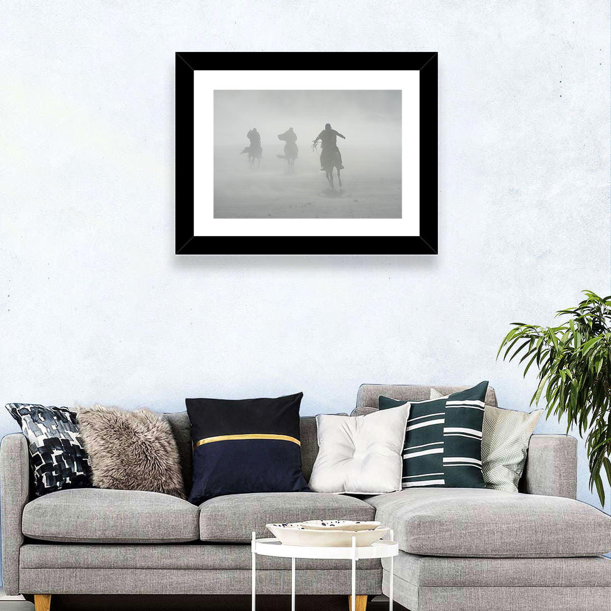 Silhouetted Horse Riders in Mist Wall Art in a room, landscape