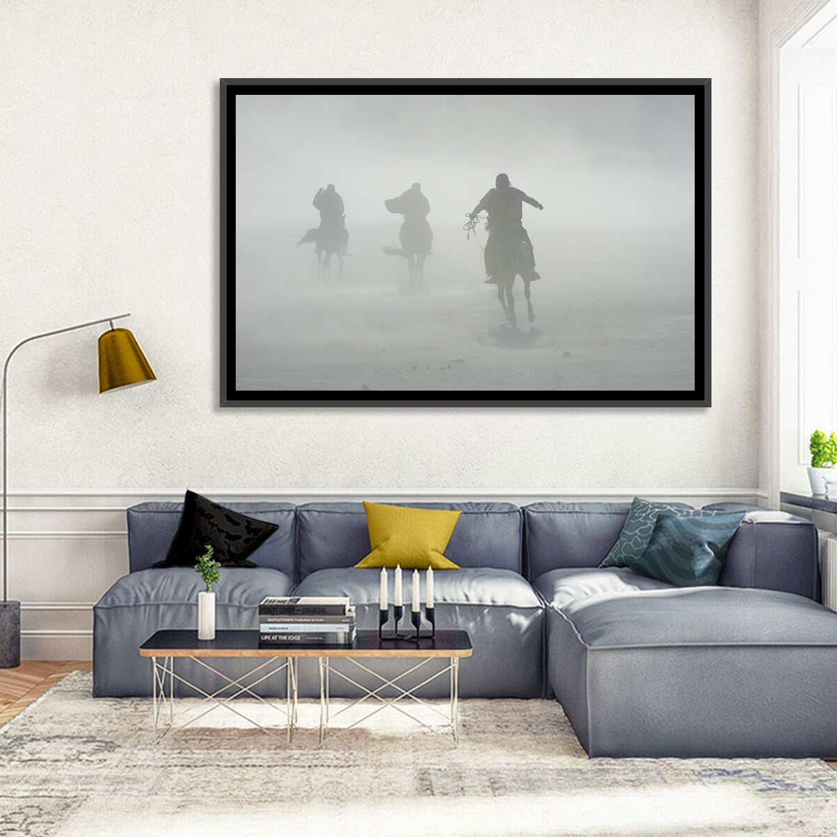 Silhouetted Horse Riders in Mist Wall Art in a room, landscape
