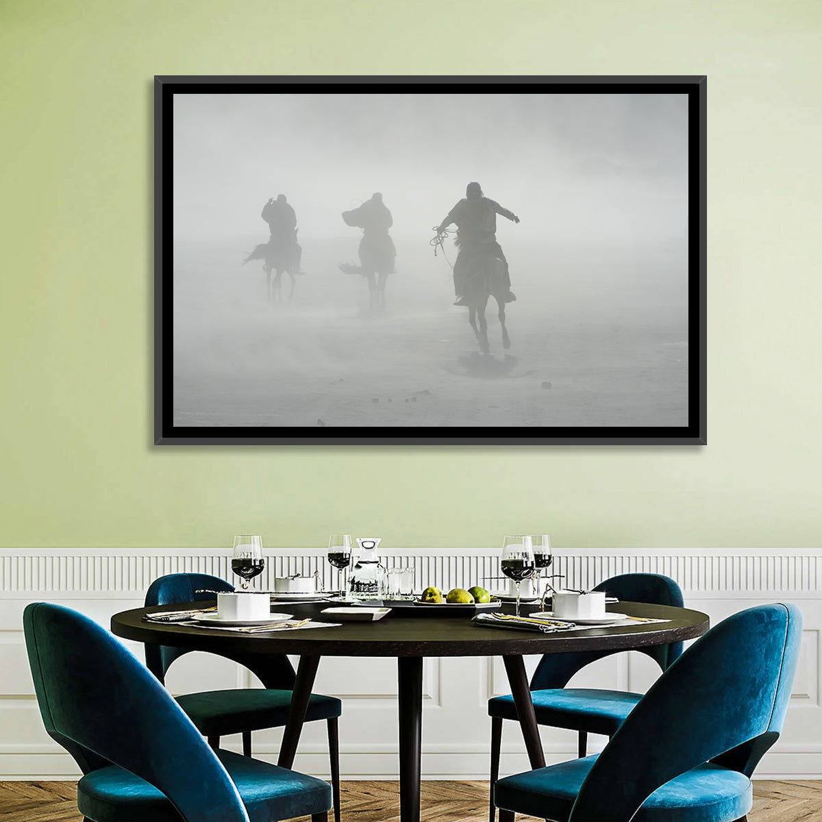 Silhouetted Horse Riders in Mist Wall Art in a room, landscape