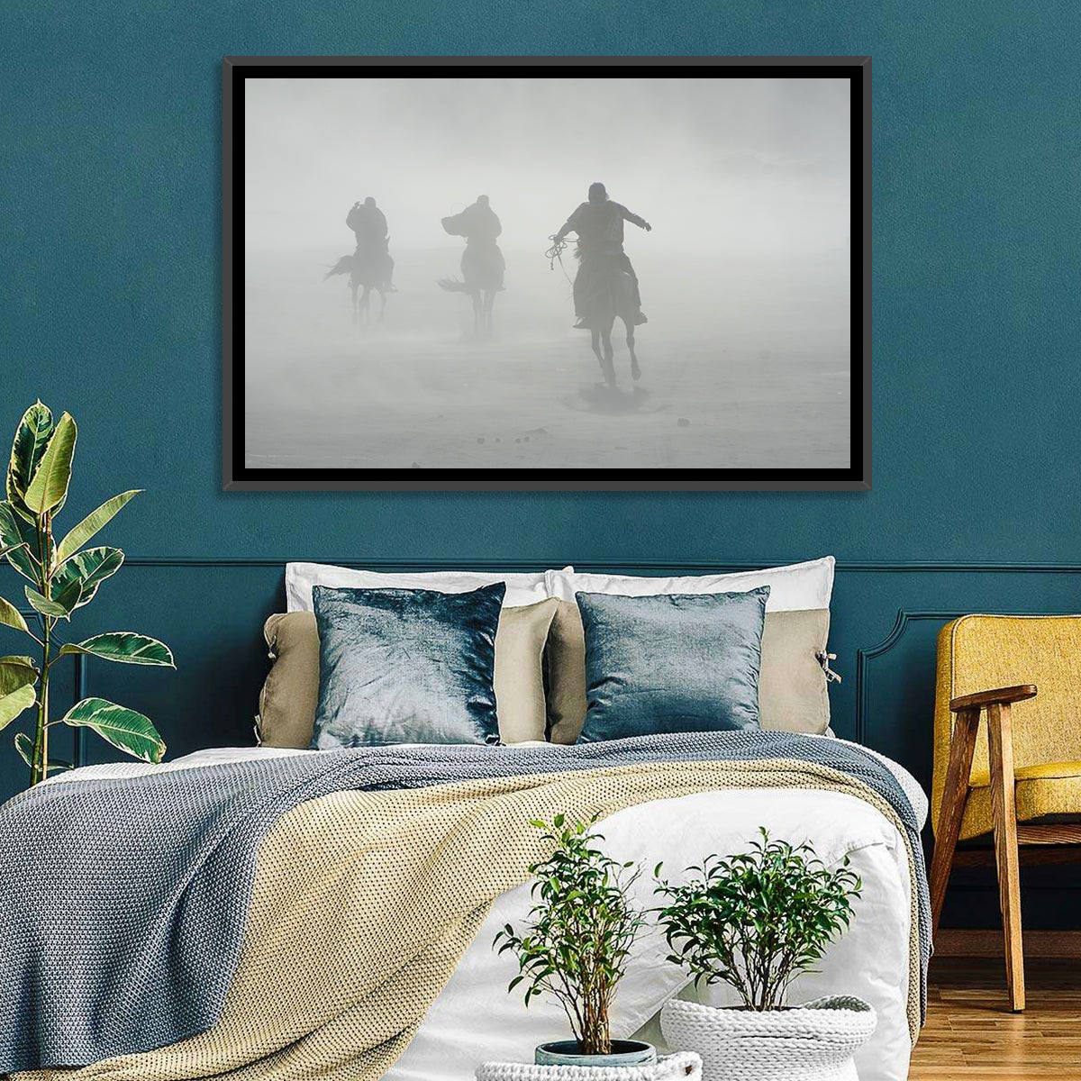 Silhouetted Horse Riders in Mist Wall Art in a room, landscape