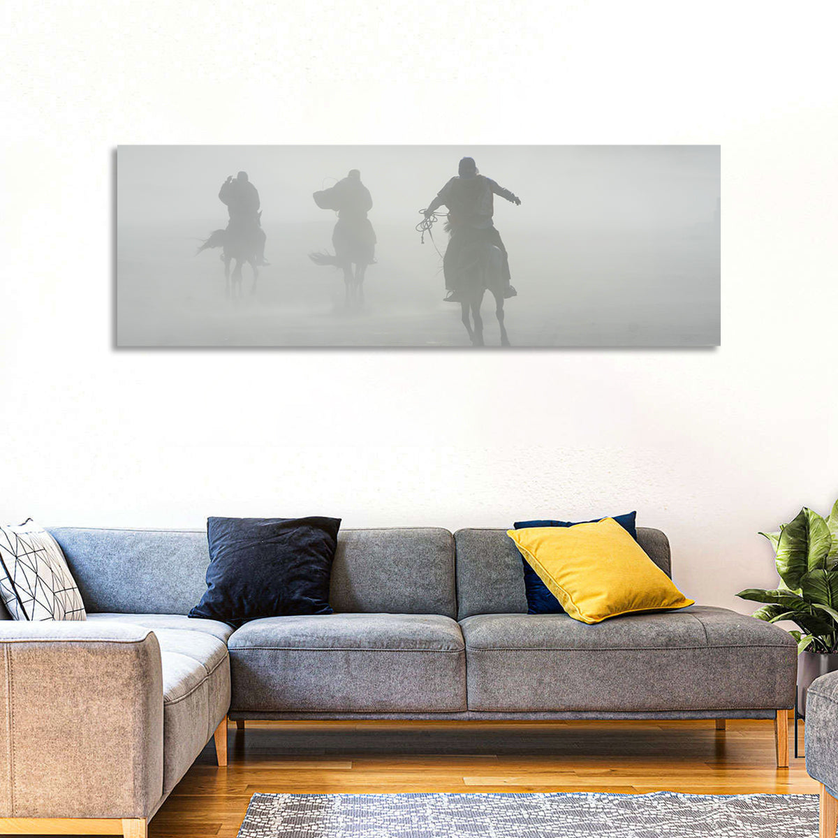 Silhouetted Horse Riders in Mist Wall Art in a room, landscape