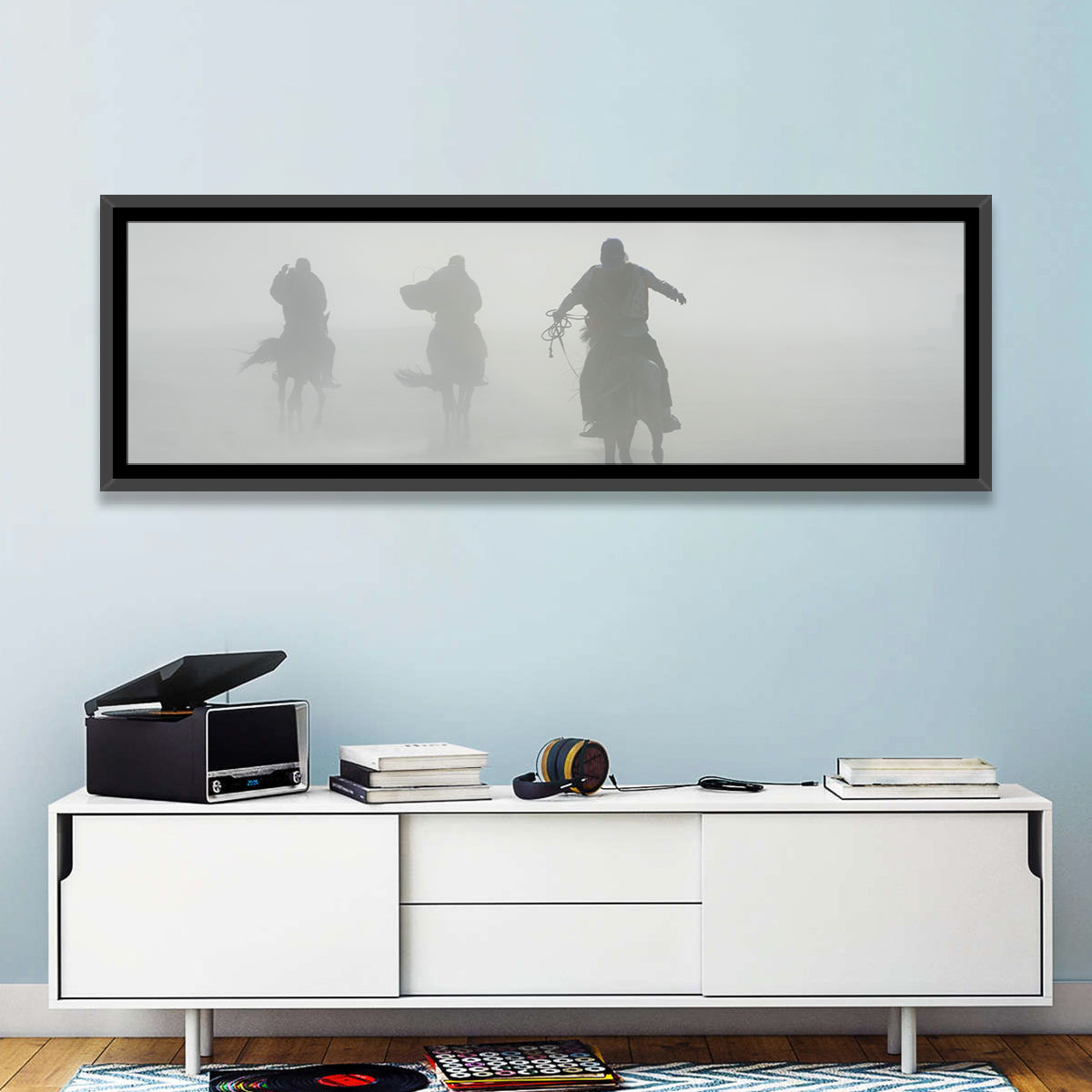 Silhouetted Horse Riders in Mist Wall Art in a room, landscape