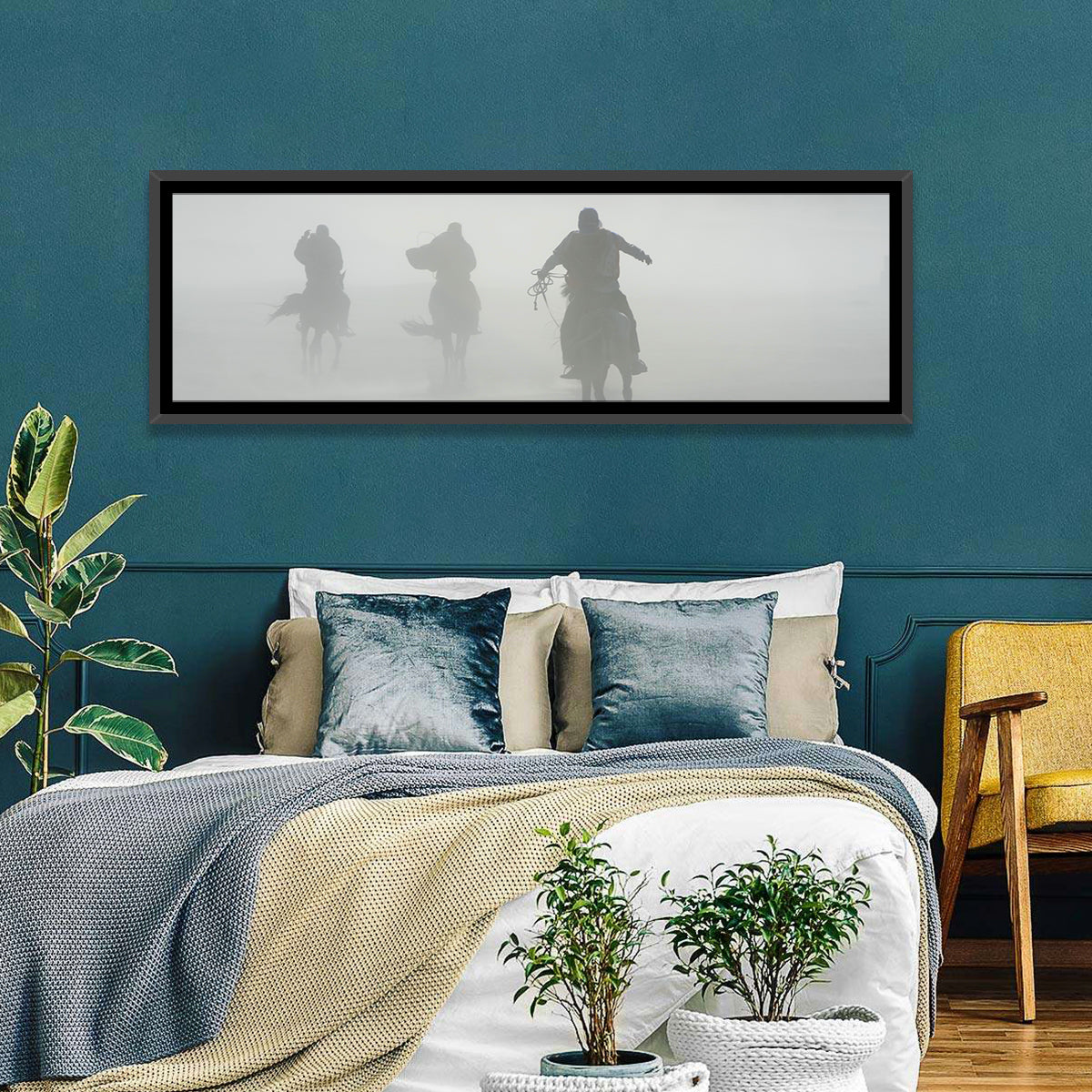 Silhouetted Horse Riders in Mist Wall Art in a room, landscape