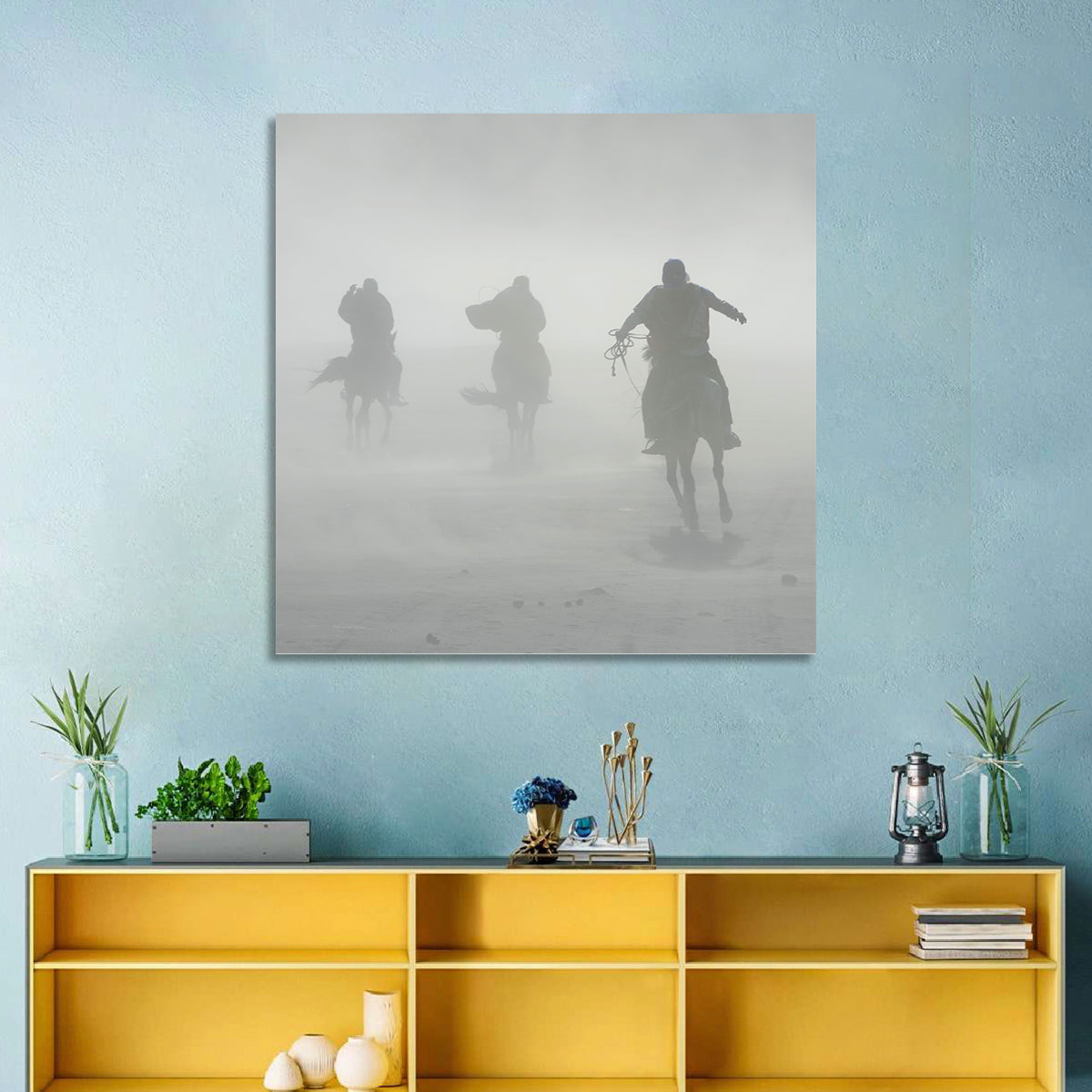 Silhouetted Horse Riders in Mist Wall Art in a room, landscape