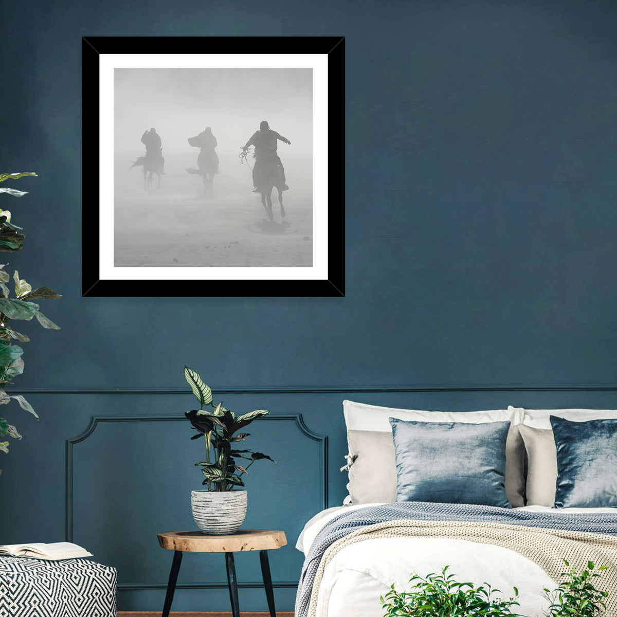 Silhouetted Horse Riders in Mist Wall Art in a room, landscape