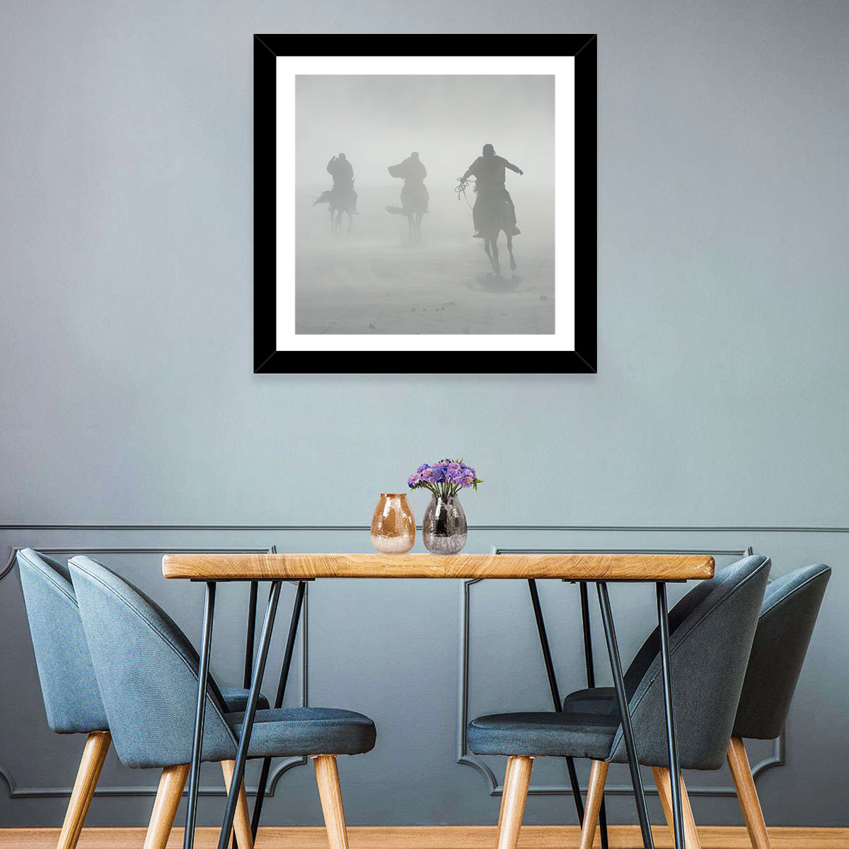 Silhouetted Horse Riders in Mist Wall Art in a room, landscape