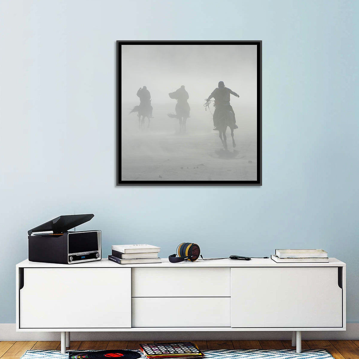 Silhouetted Horse Riders in Mist Wall Art in a room, landscape
