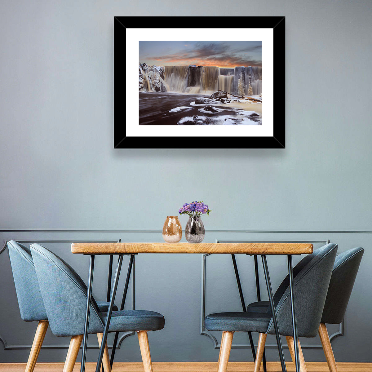 Frozen Waterfall at Sunset Wall Art in a room, landscape