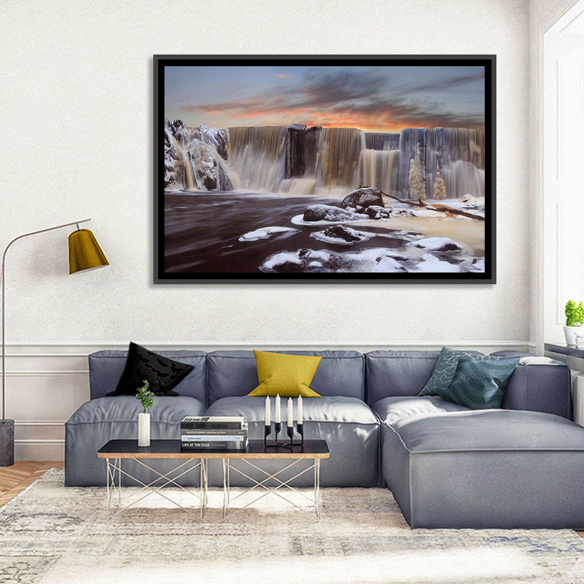 Frozen Waterfall at Sunset Wall Art in a room, landscape