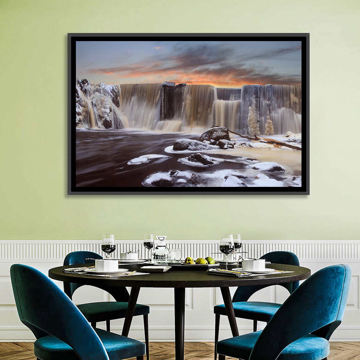 Frozen Waterfall at Sunset Wall Art in a room, landscape