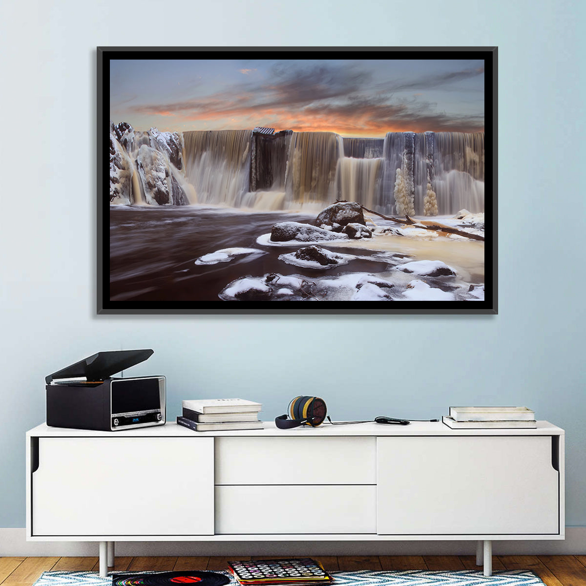Frozen Waterfall at Sunset Wall Art in a room, landscape