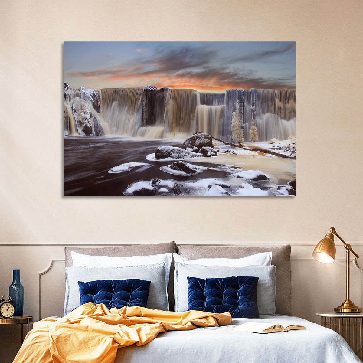 Frozen Waterfall at Sunset Wall Art in a room, landscape